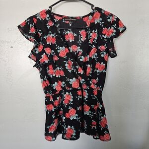 Almost Famous Small Black Red Rose Floral Wrap Top Surplice V-neck Blouse Peplum